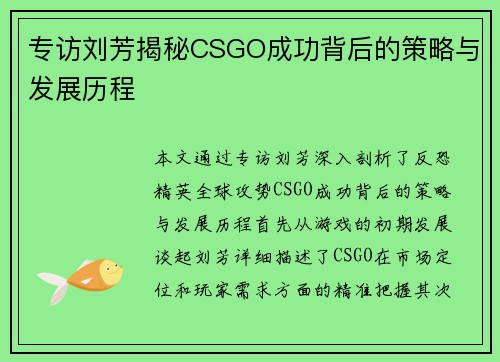 专访刘芳揭秘CSGO成功背后的策略与发展历程