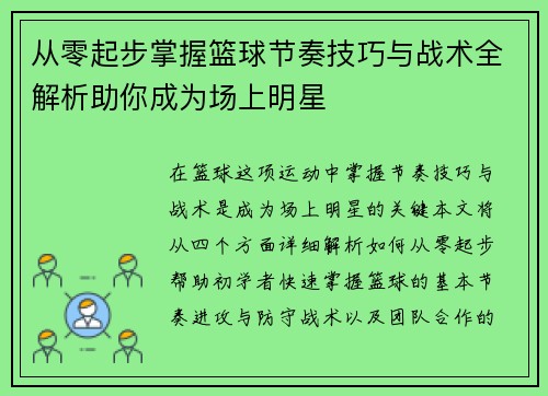 从零起步掌握篮球节奏技巧与战术全解析助你成为场上明星